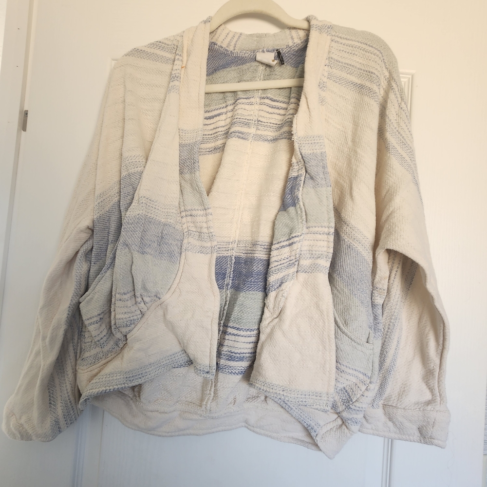 Open-Front Cream & Light Blue Striped Cardigan Sweater XS/S EUC